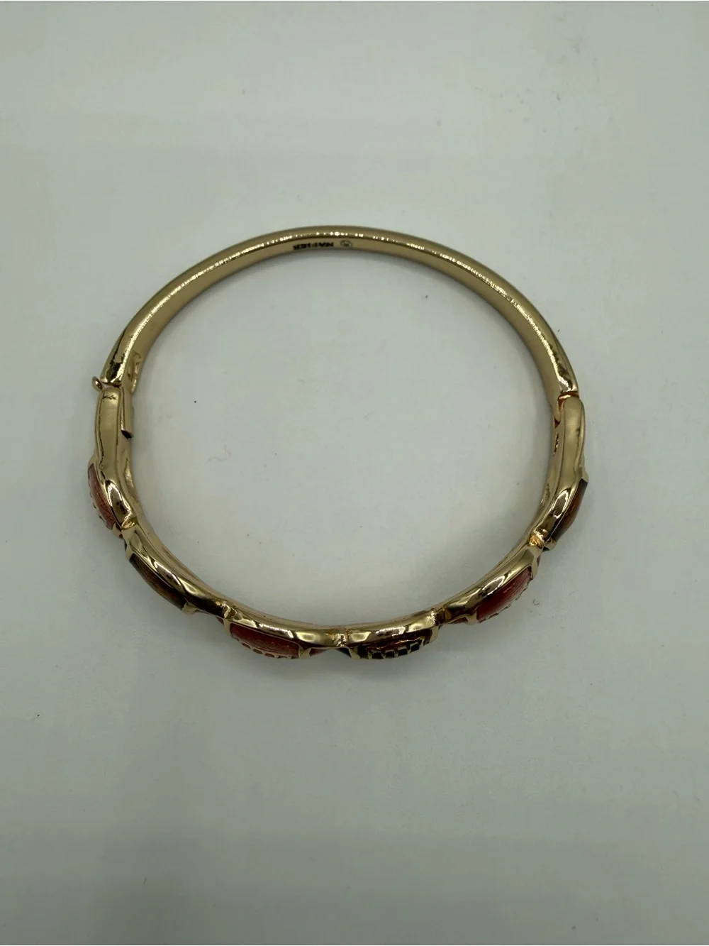 Vintage Napier Gold Tone Enamel Football Bangle Bracelet Pink Brown Hinged Cuff